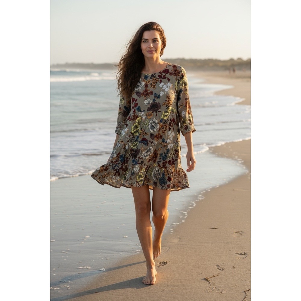 Natural Life Heidi Floral Tiered Ruffle Mini Dress Brown Tan Yellow Red Size XS